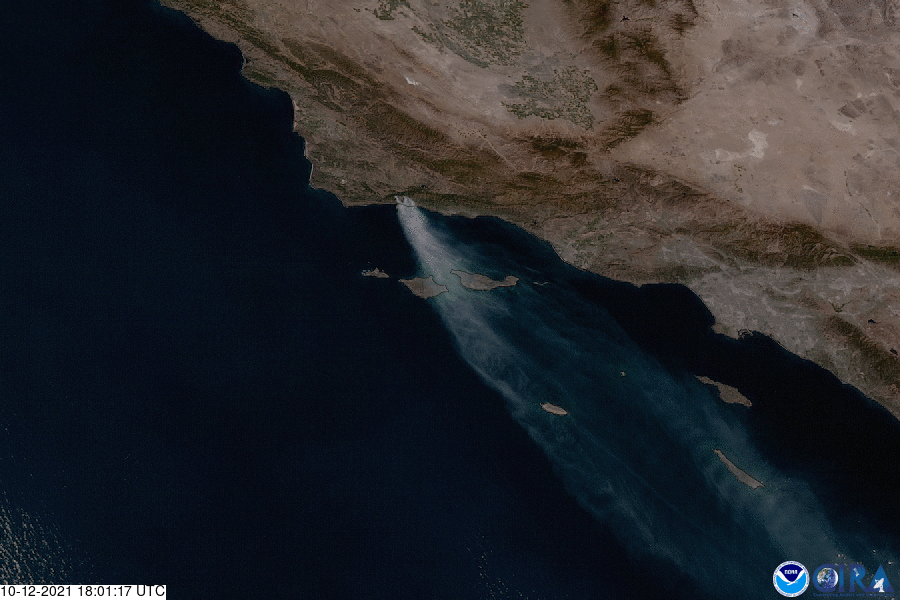 Satellite imagery from GOES West showing a large smoke plume blowing south from the Alisal Fire in California on Oct. 12, 2021.