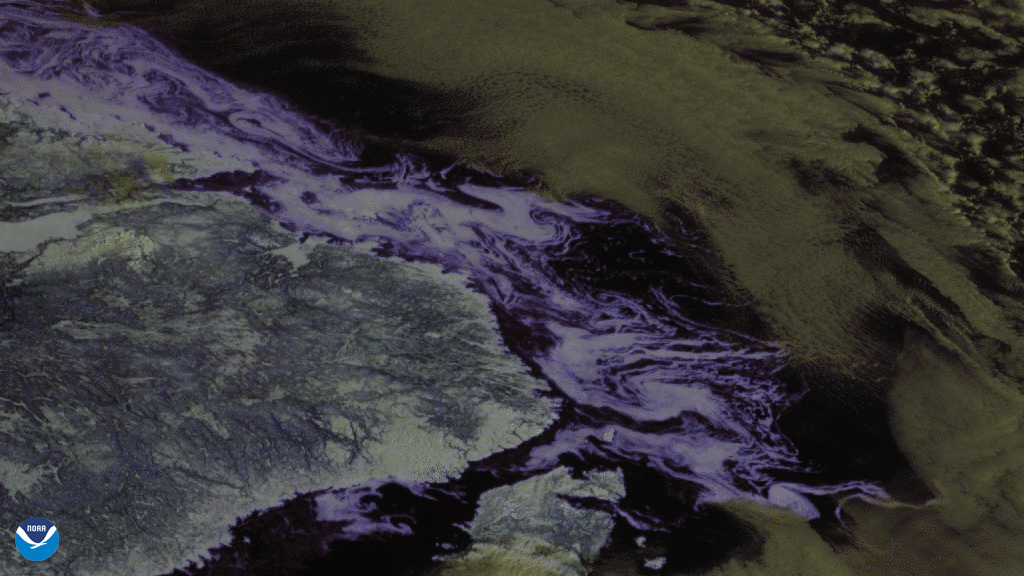 GOES East used its Advanced Baseline Imager (ABI) to focus in on sea ice (bluish-white swirls) flowing in the Labrador Sea