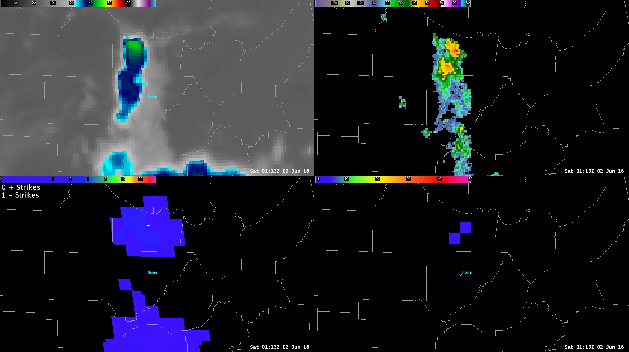 The bottom left panel of this image maps the location of lightning from the GLM Flash Extent Density product. The concert location is marked “Home” in light blue. 