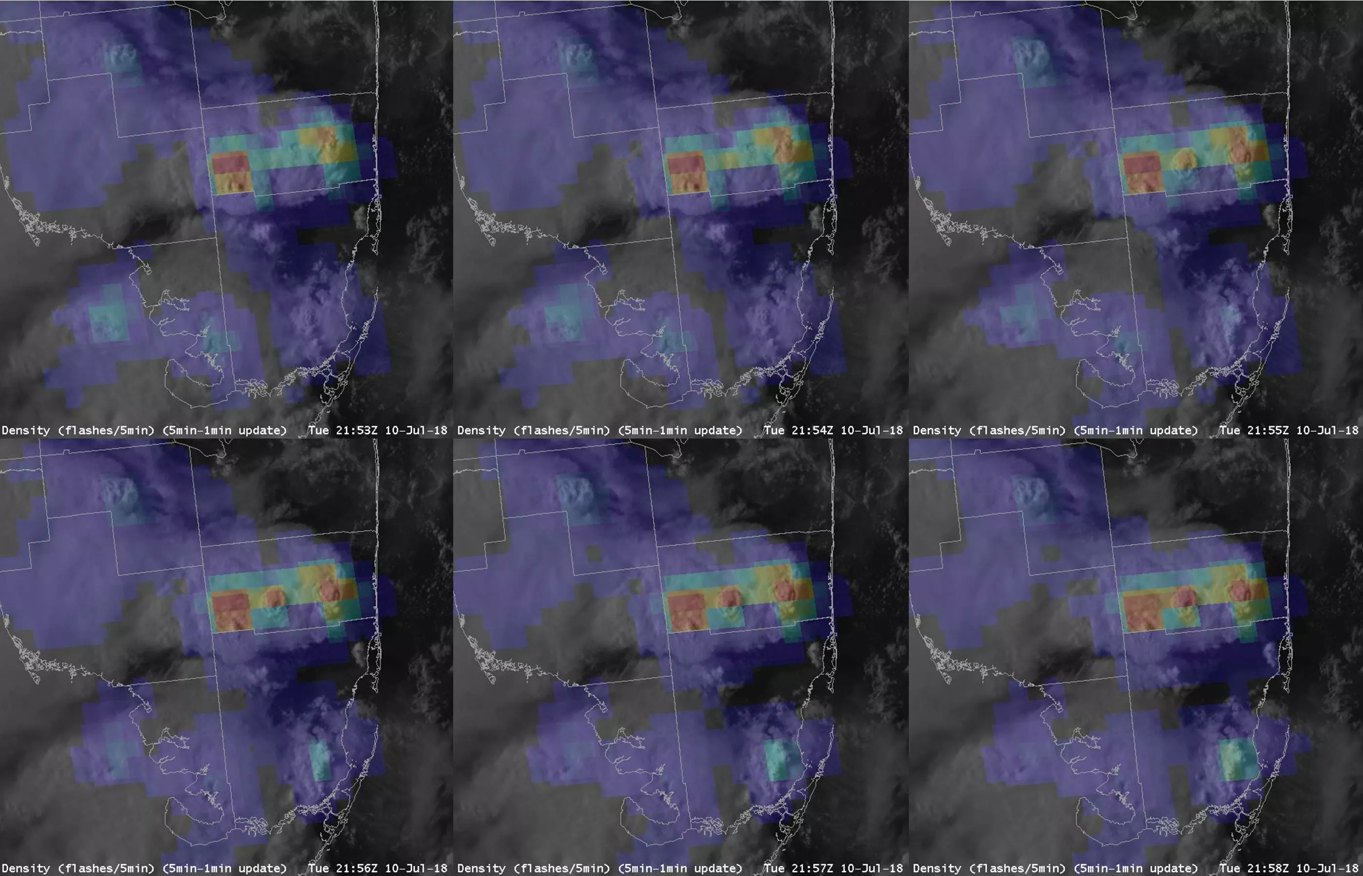 Image of GOES East imagery shows the number of lightning flashes per minute over South Florida 