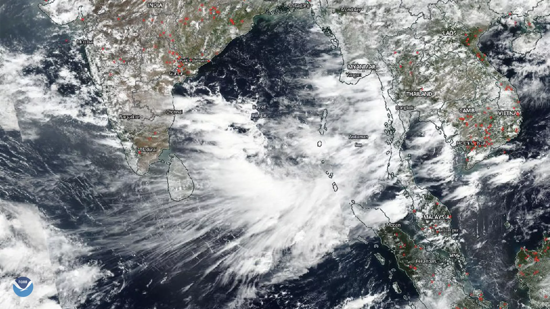 Anvil clouds and thunderstorms over the Bay of Bengal, off the southern tip of India on June 25, 2019, via Suomi NPP.