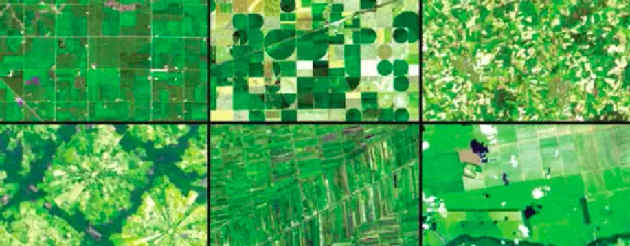 Image of farm fields from about the earth. Green.