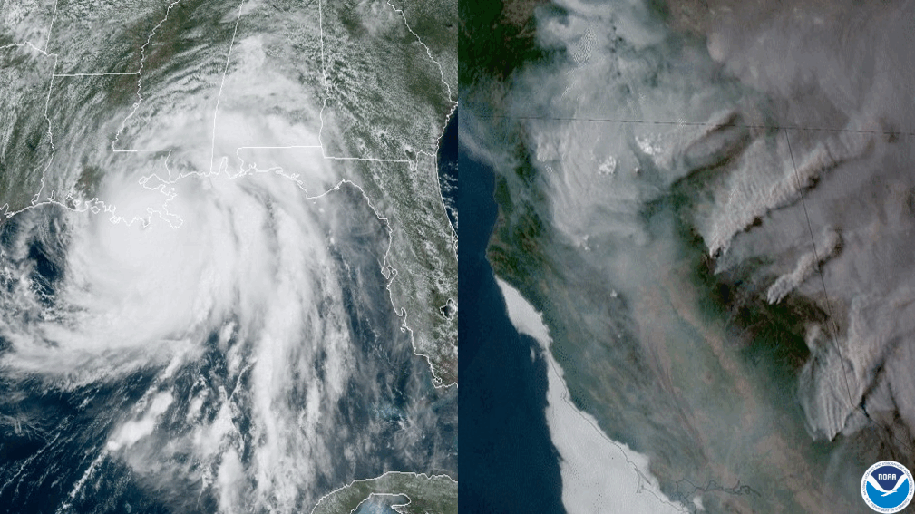 Hurricane Ida making landfall in Louisiana, as seen by the GOES-16 satellite on August 29, 2021 (left). Smoke plumes from numerous California wildfires, as seen from the GOES-17 satellite on August 23, 2021 (right).