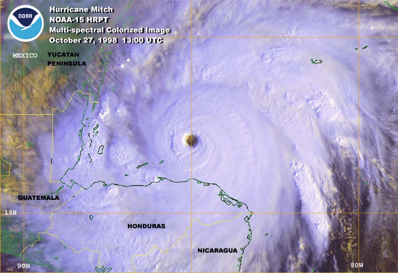 Multispectral colorized satellite image of Hurricane Mitch on October 27, 1998, from the NOAA-15 polar-orbiting satellite.