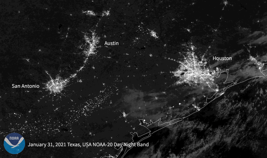 An animated GIF showing lights out in Texas on February 16, compared to normal lights captured on January 31