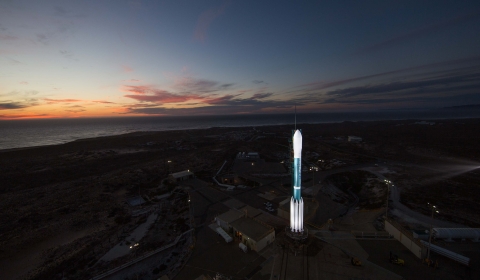 A rocket launch pad at night