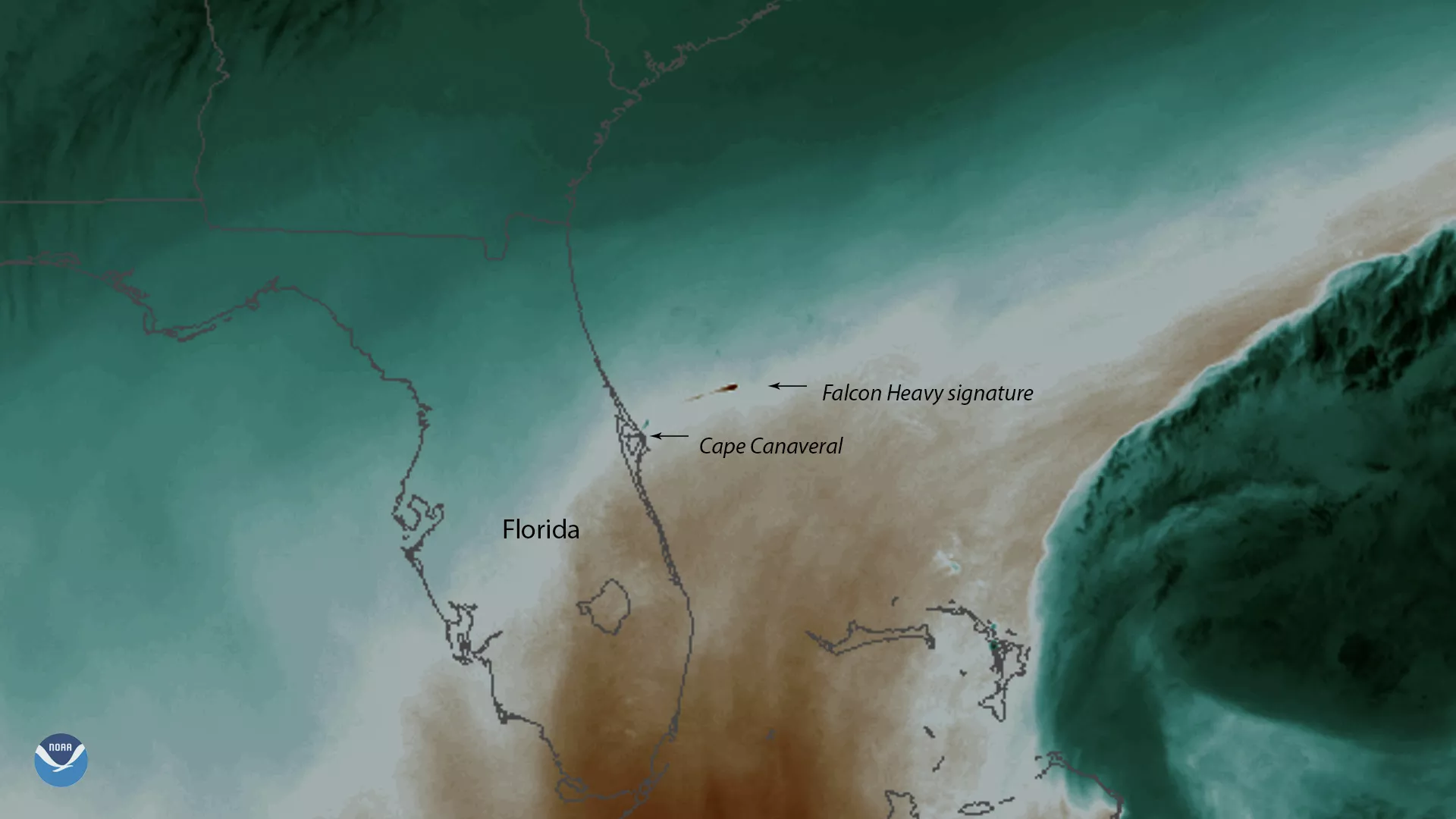 Water vapor imagery of Cape Canaveral and exhaust from Falcon heavy rocket launch