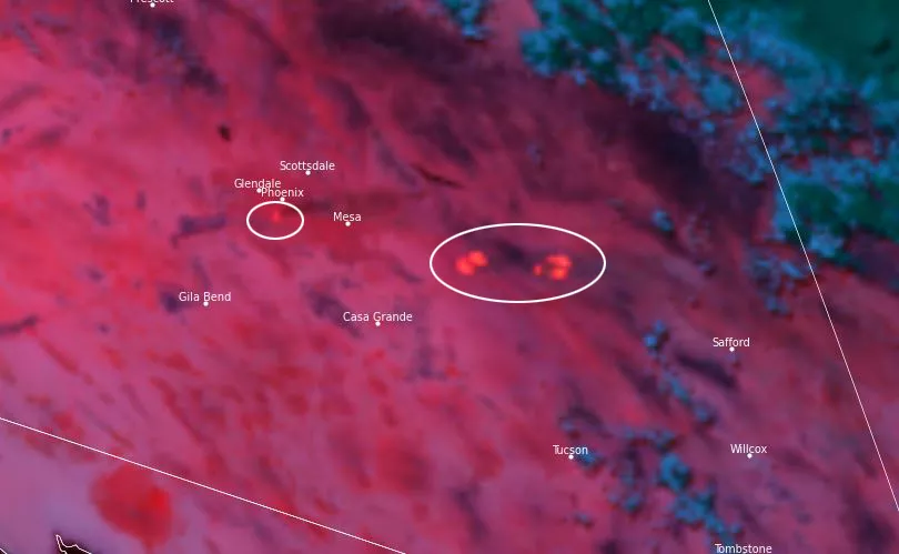 GOES West shows the bright red heat signature of this fire (south of Phoenix) and two unrelated wildfires to the East. 