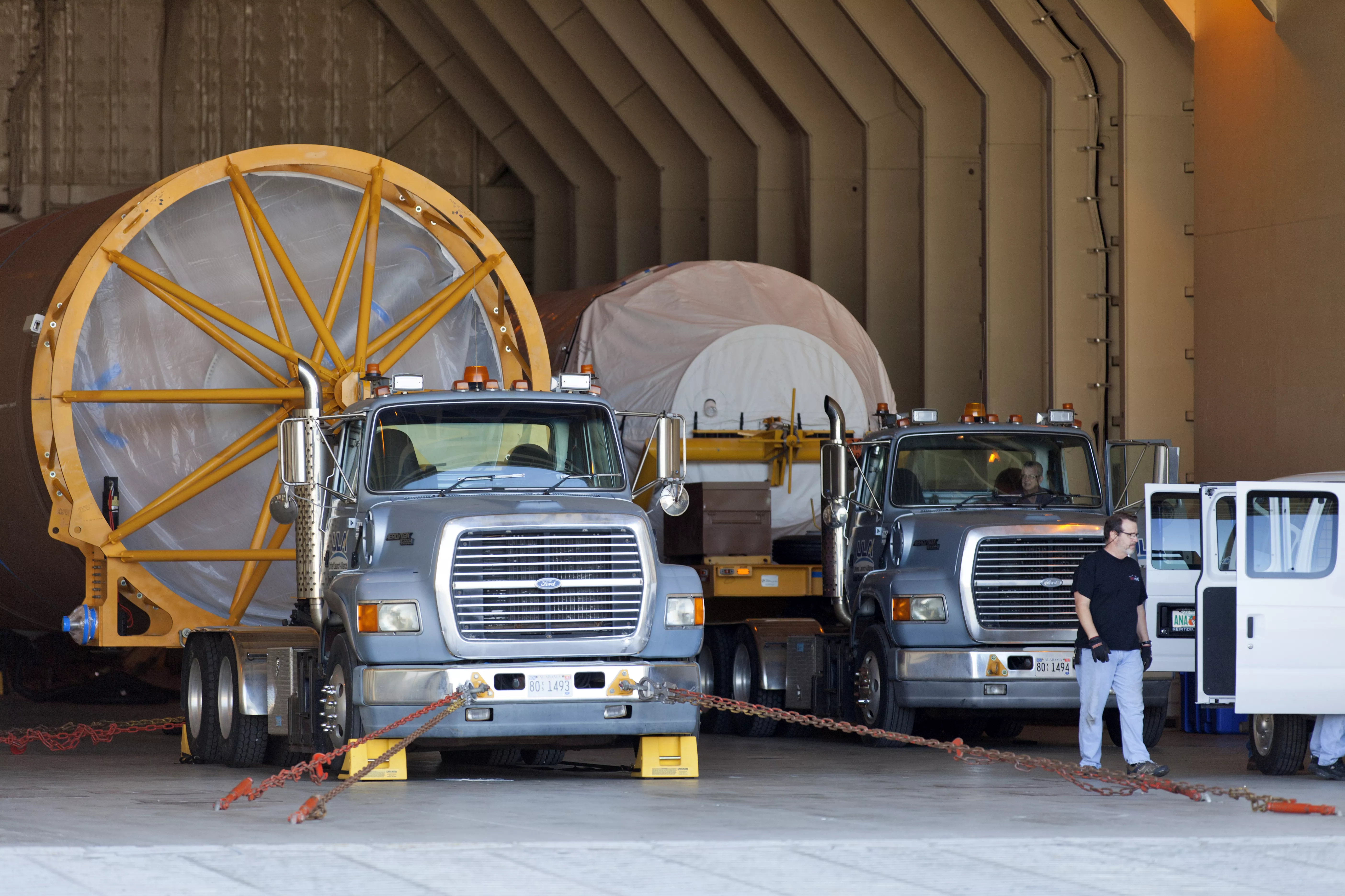 The GOES-S Atlas V first stage booster and Centaur upper stage arrive at Cape Canaveral Air Force Station ahead of the GOES-S launch.