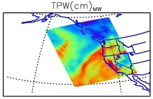 Example of the NUCAPS microwave-only total precipitable water for Jan 27, 2015 using data provided by the Oregon State University direct broadcast site in Corvallis. NOAA P-3 was in the air when these data were acquired.