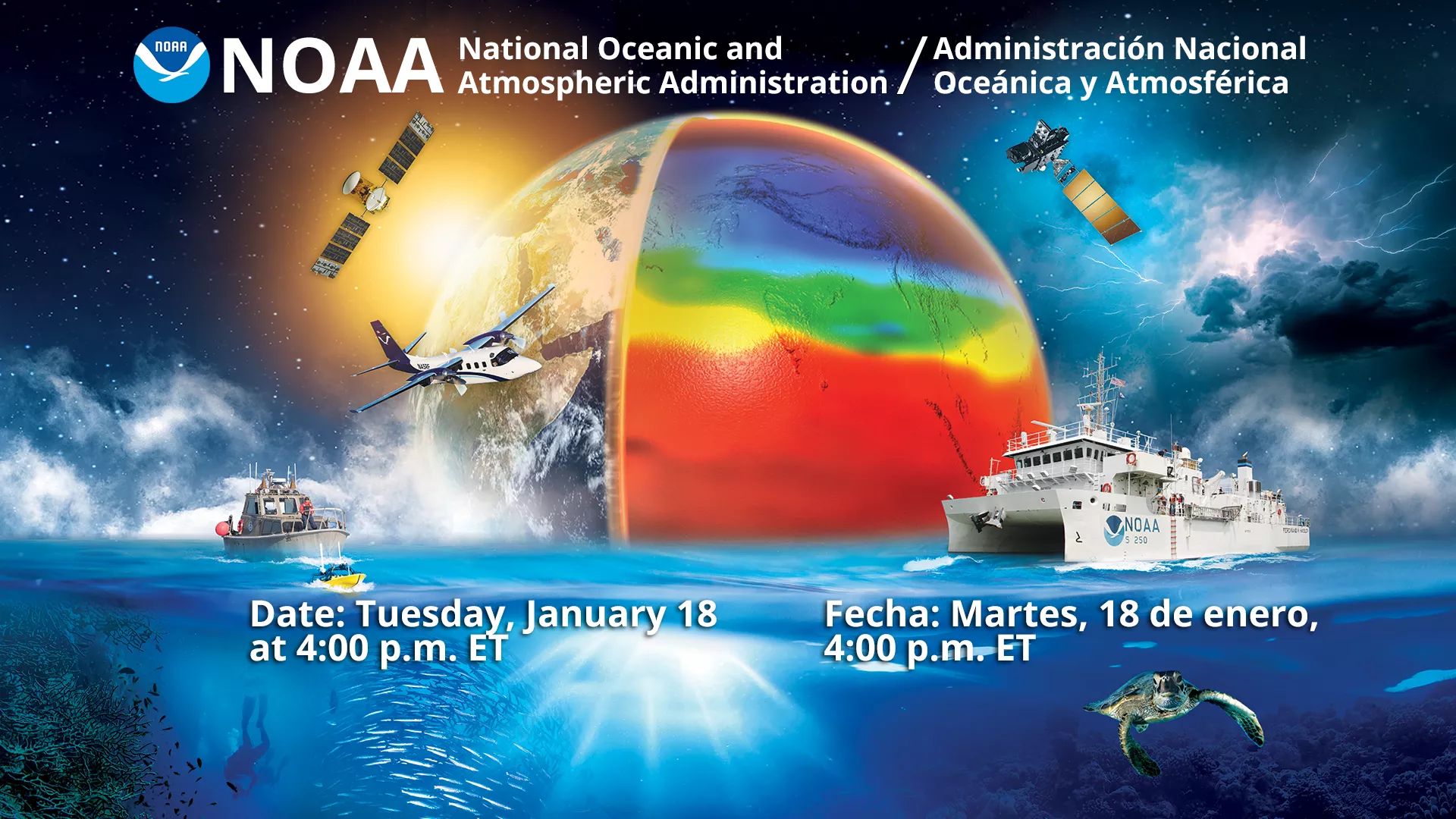 Graphic showing NOAA's reach, spanning the Earth, space, and the ocean.