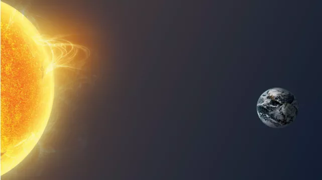 Image shows coronal ejections emanating from the sun toward Earth. 