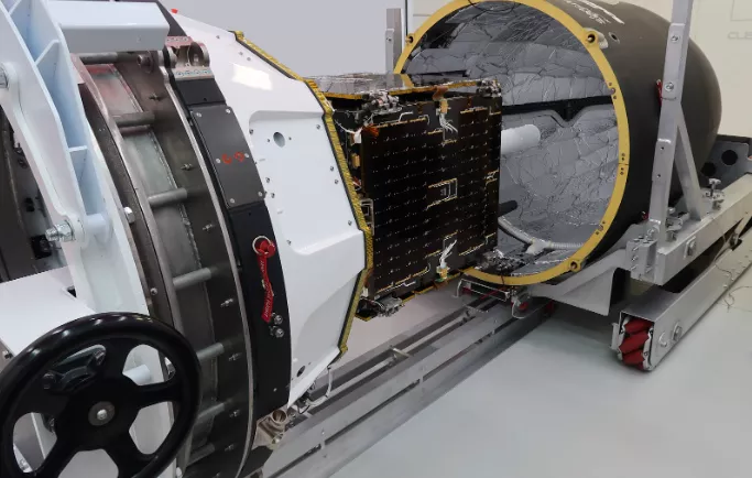 The GAzelle satellite on the Rocket Lab Kick Stage as it was being encapsulated within the fairing.