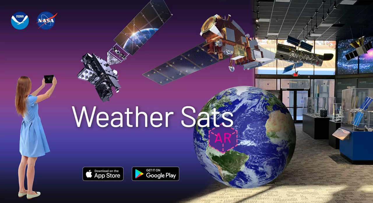 Composite image with girl holding smart phone up to projected augmented objects floating within an exhibit space.