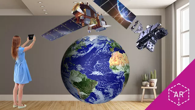 Composite image of a girl holding a phone screen up to augmented objects in a room.