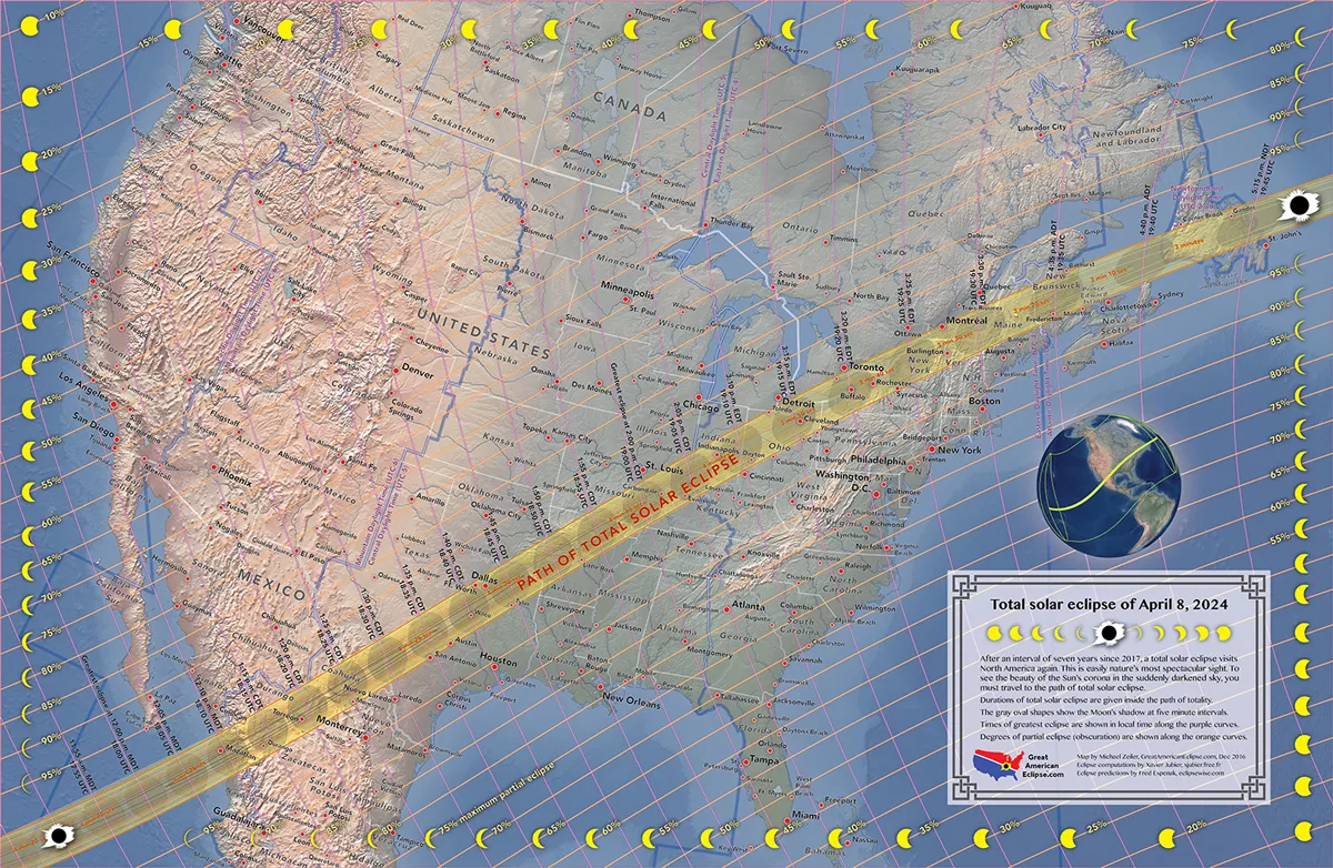 A map of the where the total eclipse in April of 2024 will be seen.