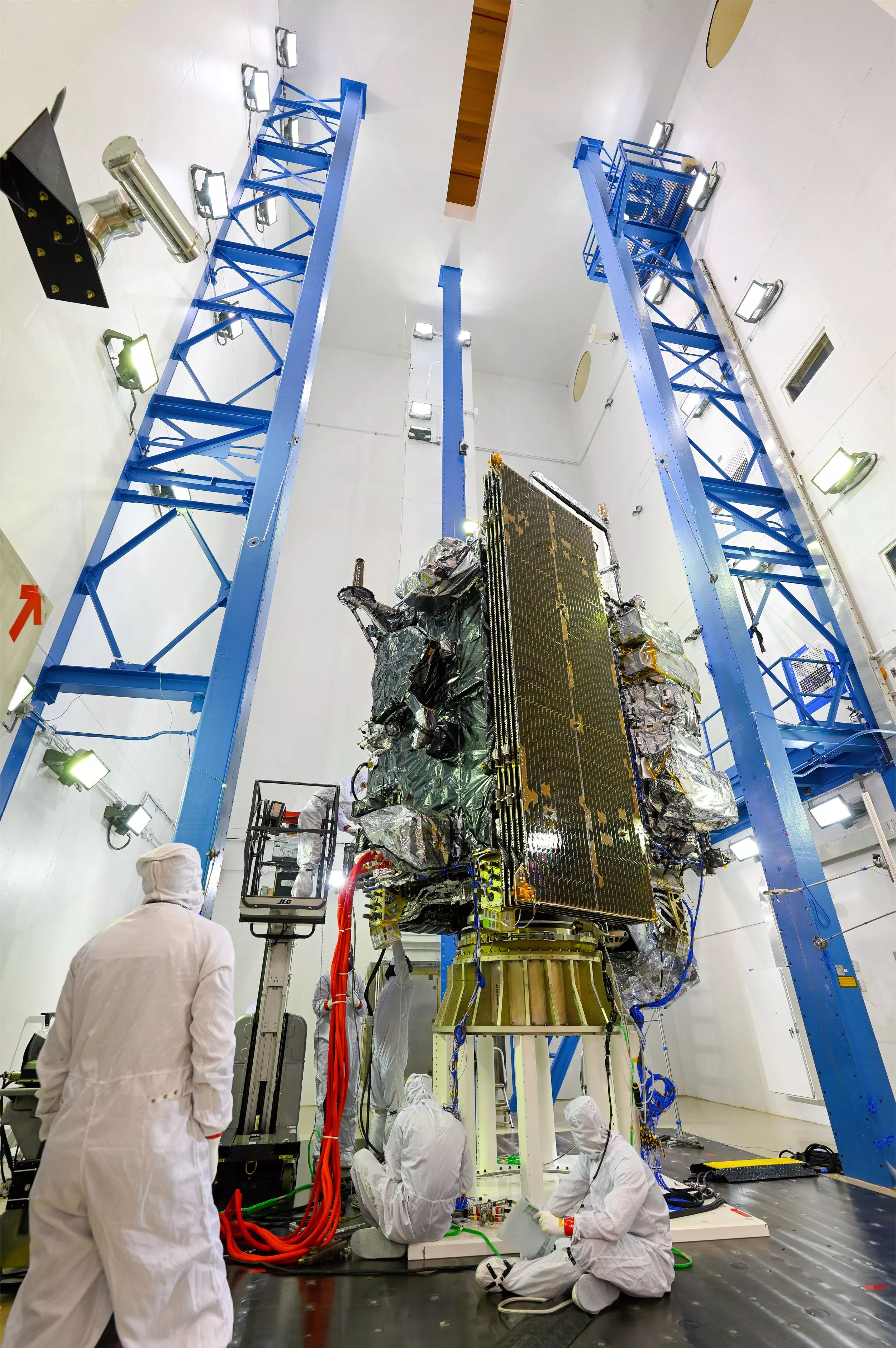 Image of GOES-U in the acoustic chamber being tested.