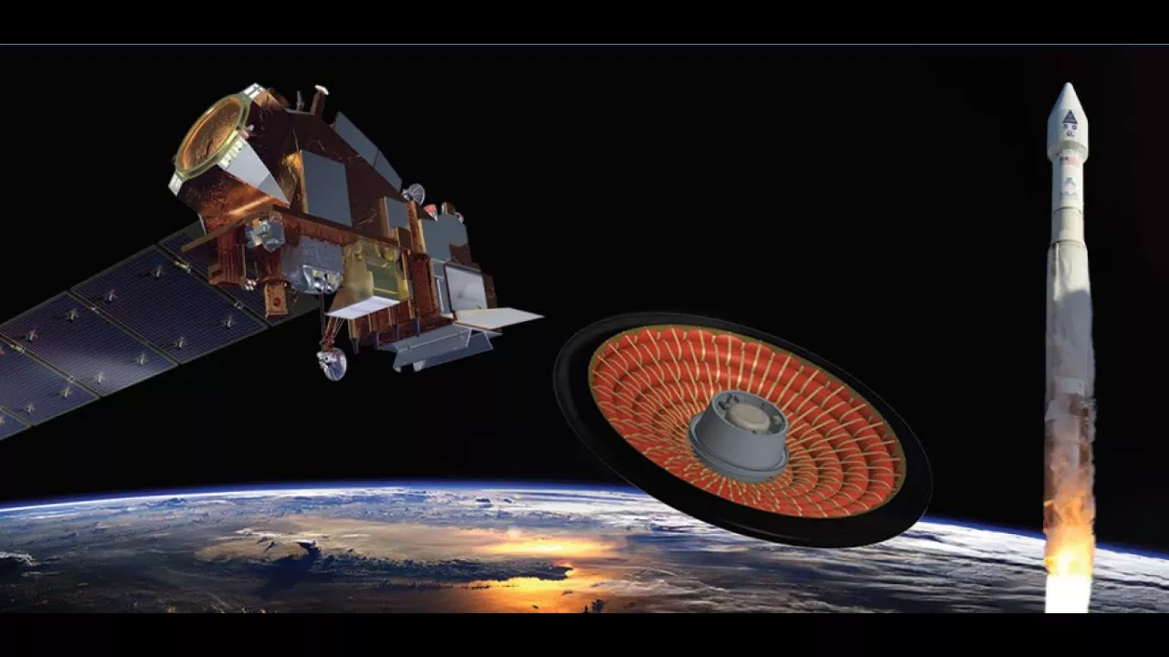 Illustration of the JPSS-2 satellite and LOFTID over Earth.