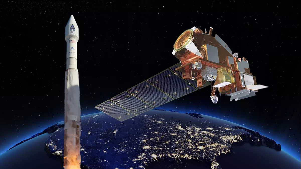 Composite illustration of a rocket launching and satellite against Earth at night backdrop.