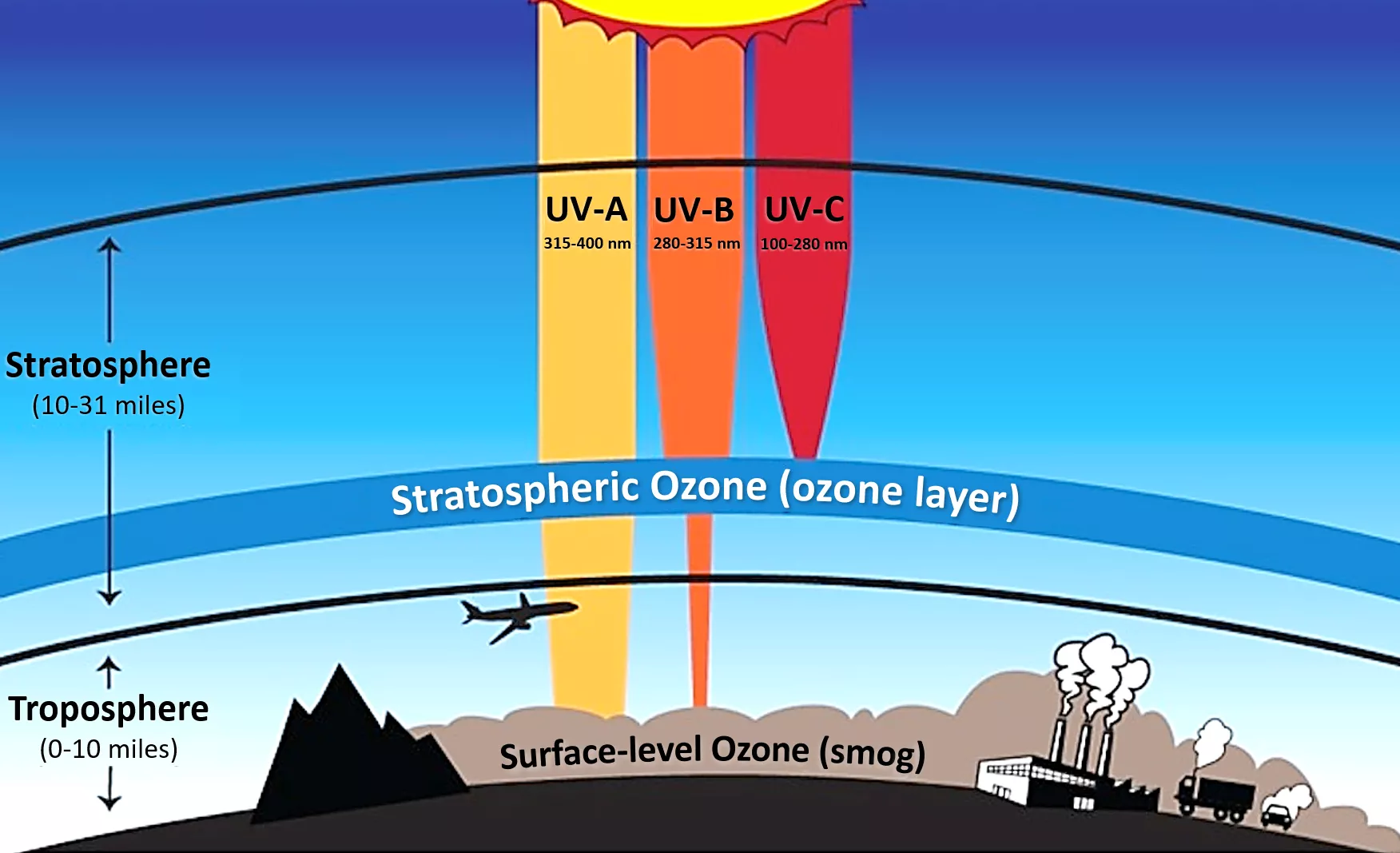 An illustration shows the Earth's atmospheric layers. The bottom layer is the troposphere, which extends from the Earth’s surface up to about 10 miles high, where an airplane is flying and smokestacks emit pollutants. Above this layer is the stratosphere, which extends from 10 to 31 miles high and contains the ozone layer. The illustration shows the filtering effect of the ozone layer on ultraviolet (UV) radiation from the sun, displaying three types of UV rays: UV-A, UV-B, and UV-C, with their respective w