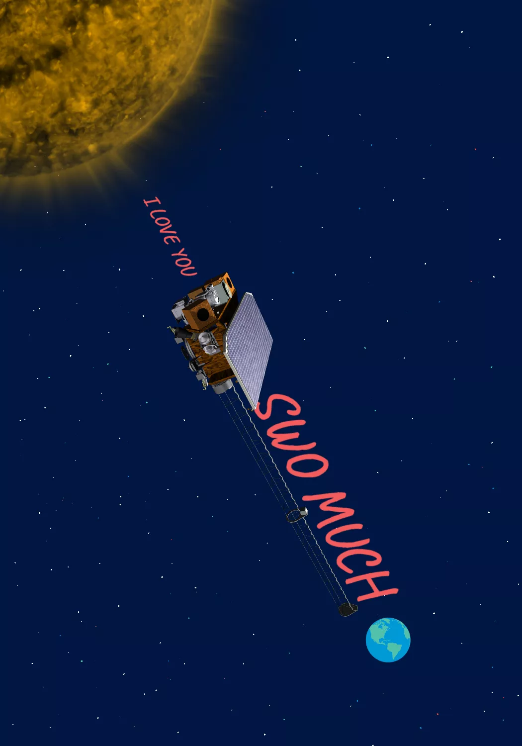 Drawing of the earth with a satellite around it.