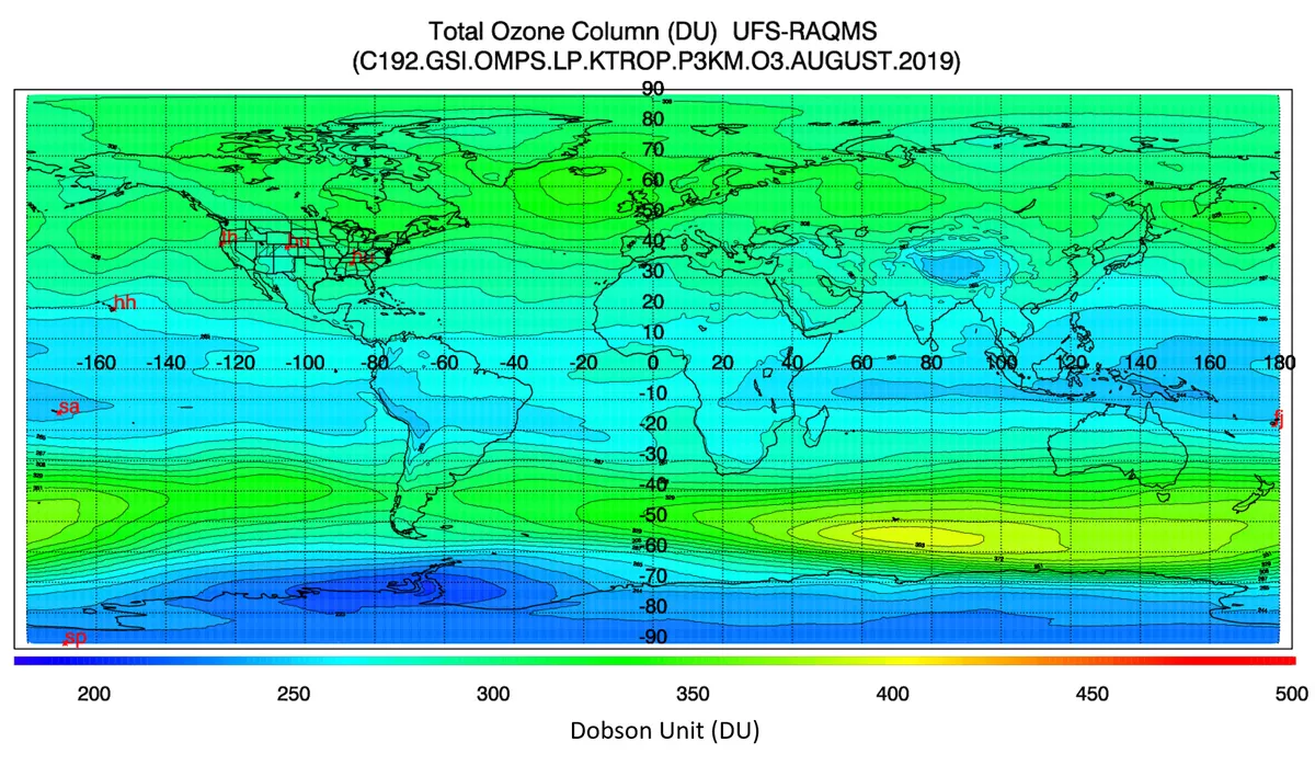 The image is a map displaying the total ozone column in Dobson Units (DU) across the globe for August 2019. The data is provided by the RAQMS model assimilated with OMPS LP and OMPS NM observations. The color gradient on the map indicates the concentration of ozone, with blue representing lower values and green to yellow indicating higher values. The contour lines overlaying the colors indicate specific values of ozone concentration. The areas with lower ozone concentrations are predominantly over the south
