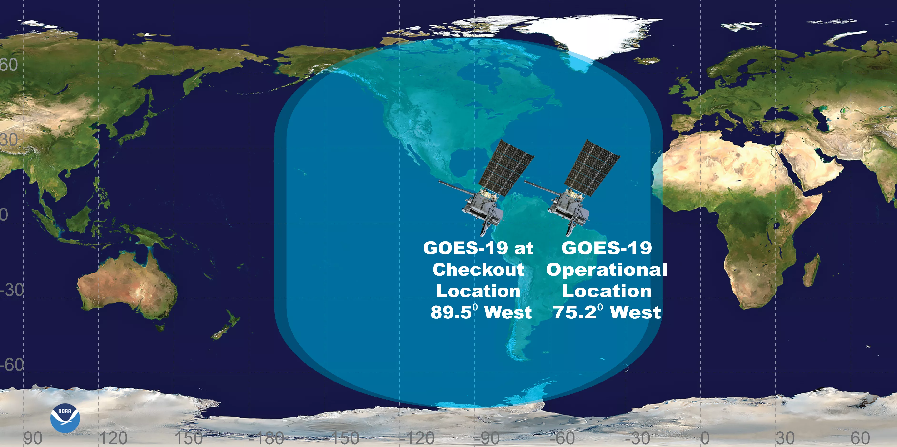 GOES-19 view of the Western Hemisphere at its checkout location and its operational location. 