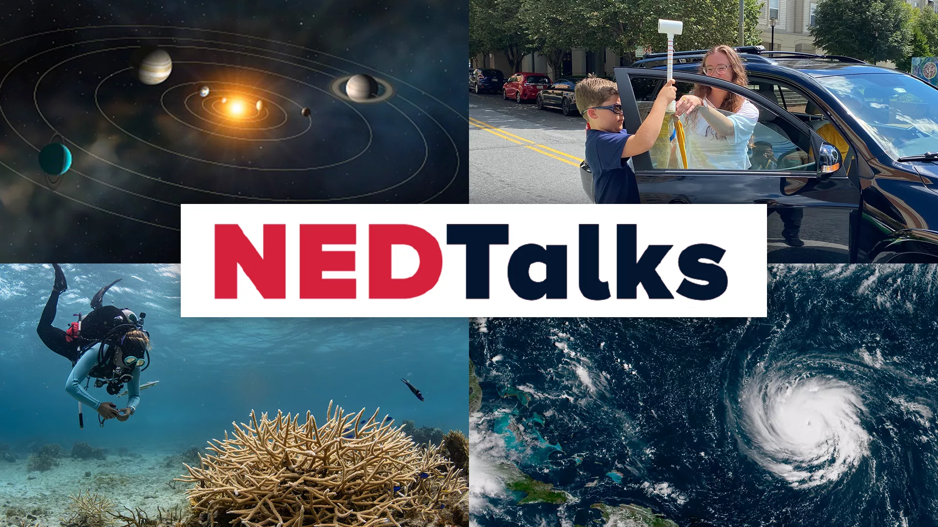 NEDTalks spelled out, there is a collage of four photos depicting urban heat islands, and coral bleaching.