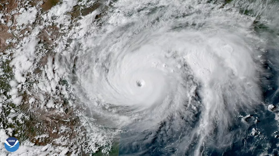 A still GeoColor image of Hurricane Harvey about to make landfall in eastern Texas. 
