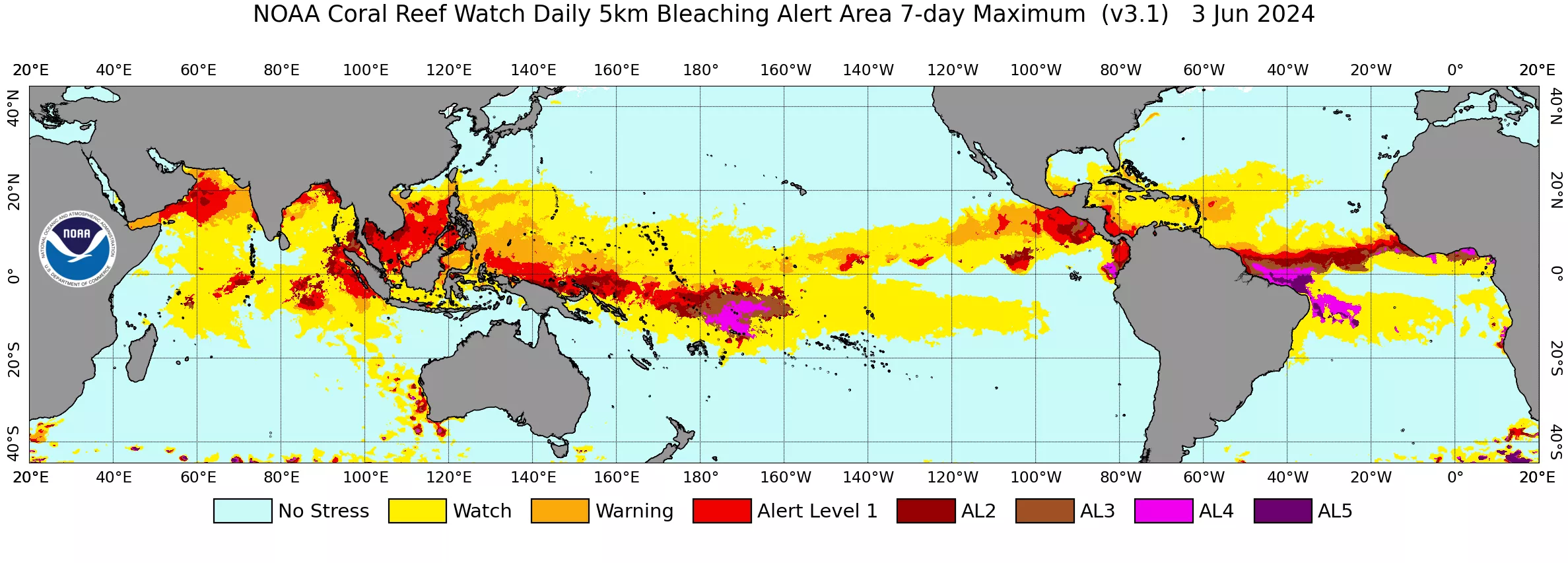 Data visualization of a map with colored areas on the ocean, indicating coral bleaching levels.