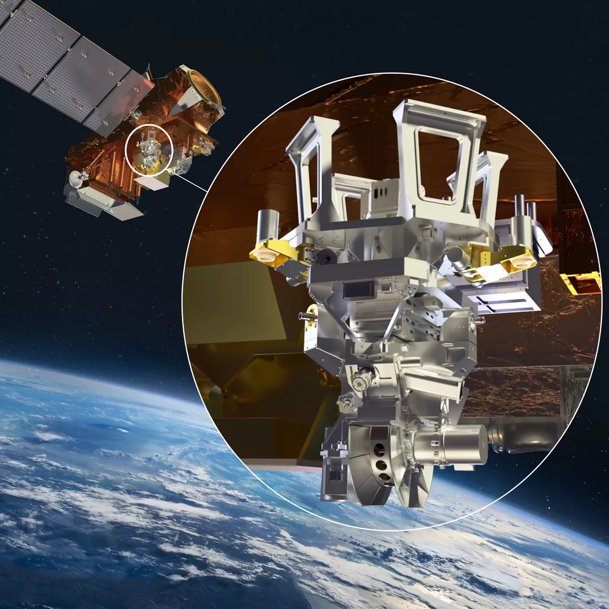 Render of a JPSS-4 satellite over Earth with a detail close-up view of the Libera instrument.