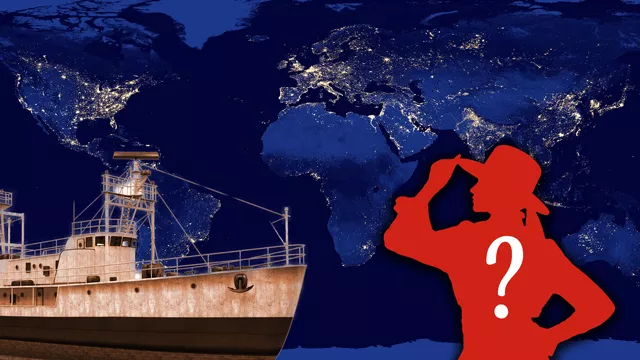 Illustration with a silhouette of a woman in a hat and fishing vessel. In the background is the world map as seen at night.