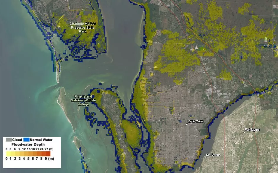 VIIR fllodwater depth map in Florida due to Hurricane Milton