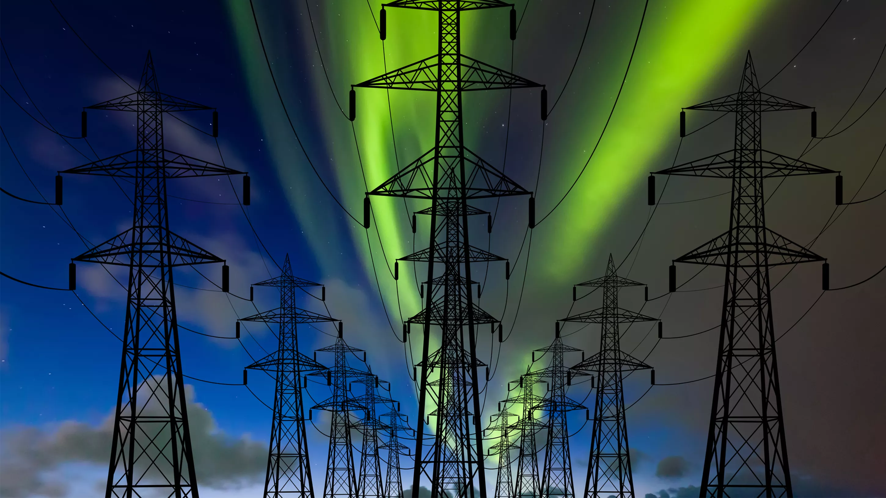 High Tension Powerlines at night with the Aurora Borealis in the background.
