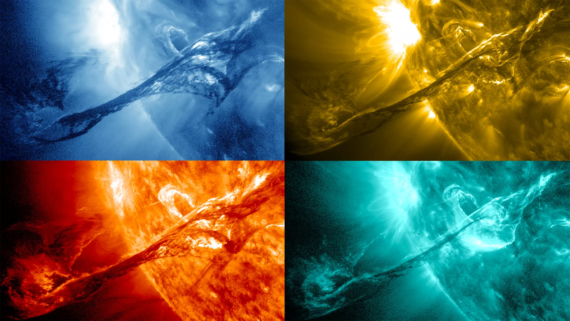 Collogae of four images of Coronal Mass Ejections from the sun. They are blue, yellow, red, and green.