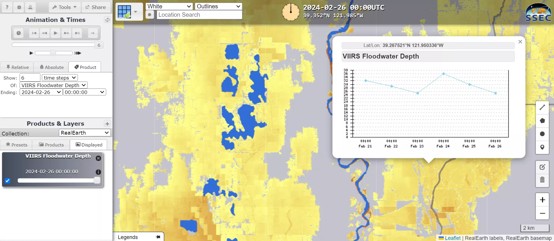 Map displaying VIIRS floodwater depth data for February 26, 2024, with yellow indicating flooded areas and a graph showing water depth changes over time.