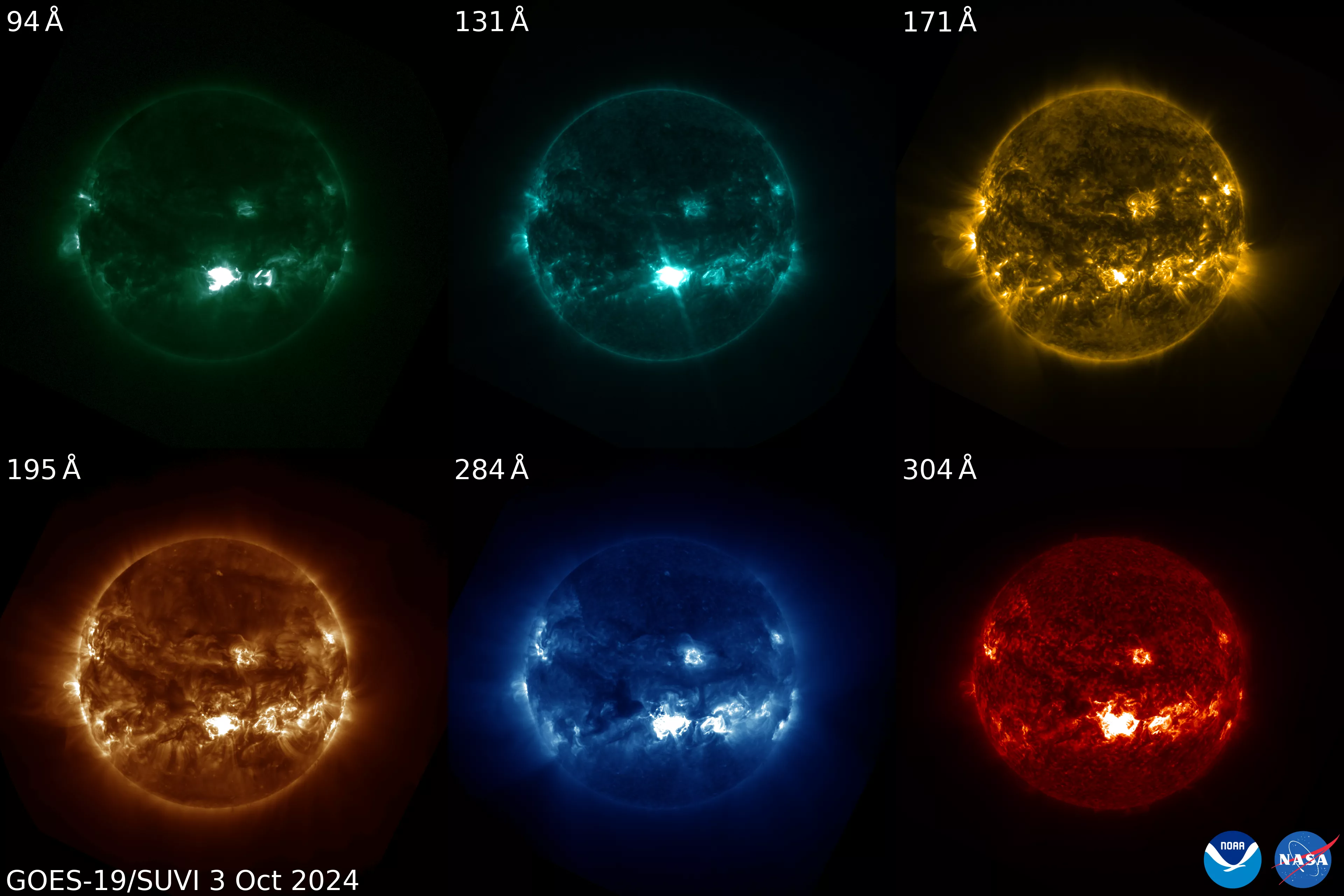 The GOES-19 SUVI observes the sun in six EUV channels. This image shows six images of the sun seen through these channels. 