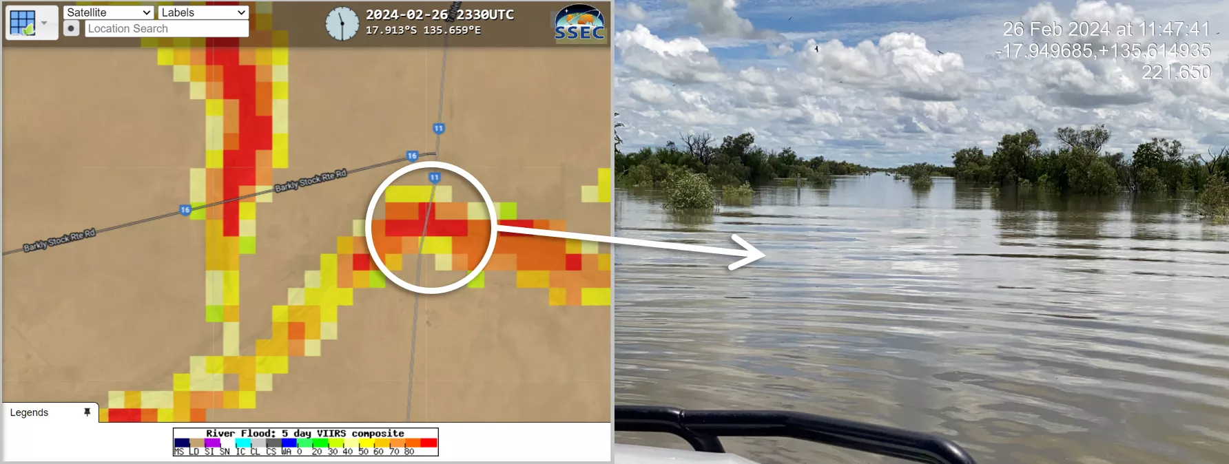 VIIRS map showing flood intensity along a highway in Australia, with a photo of high floodwaters on February 26, 2024, verifying the flood extent.