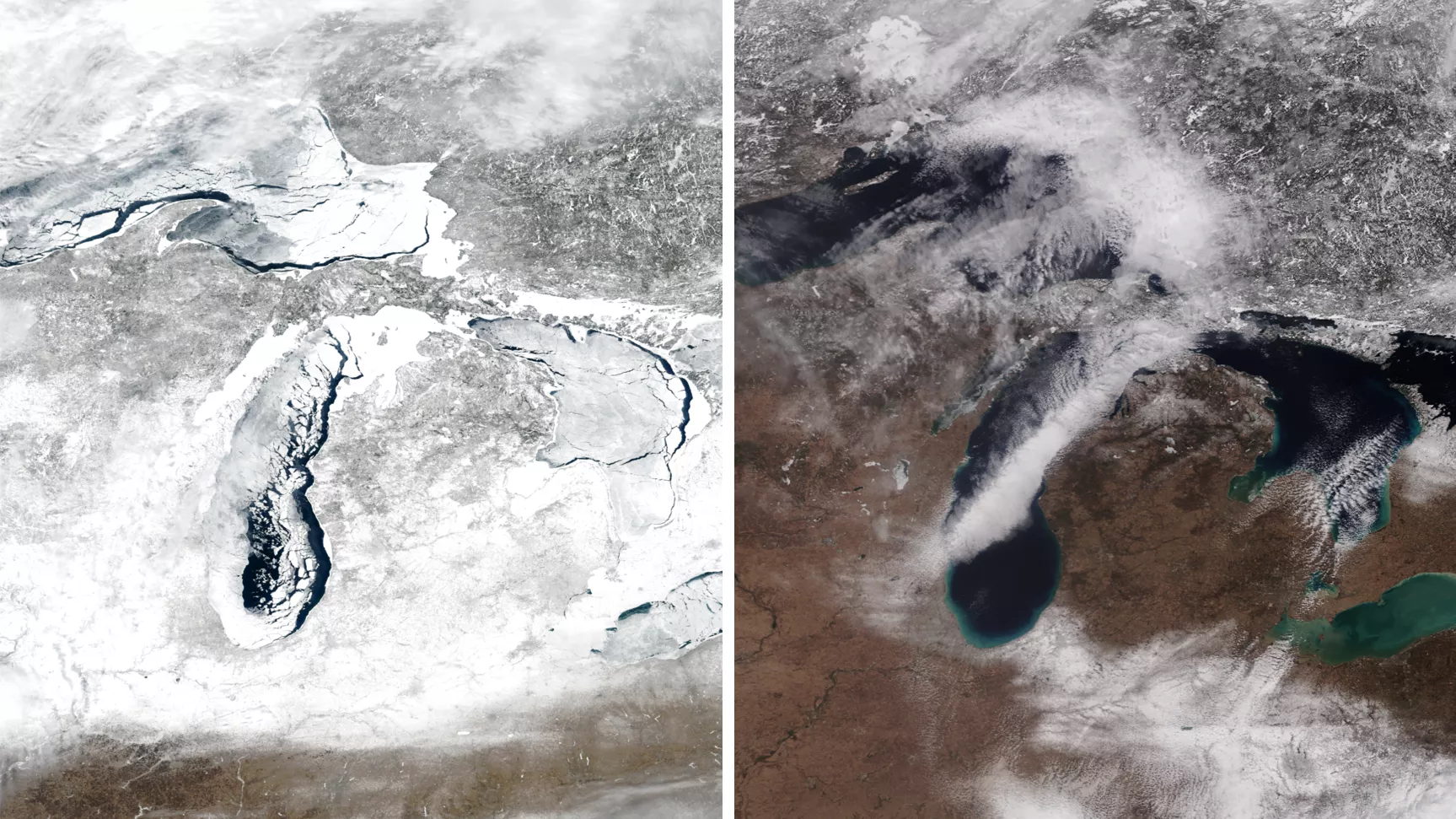 Before and after image of the great lakes with ice.