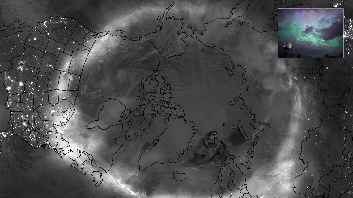A black and white view of the Aurora Borealis