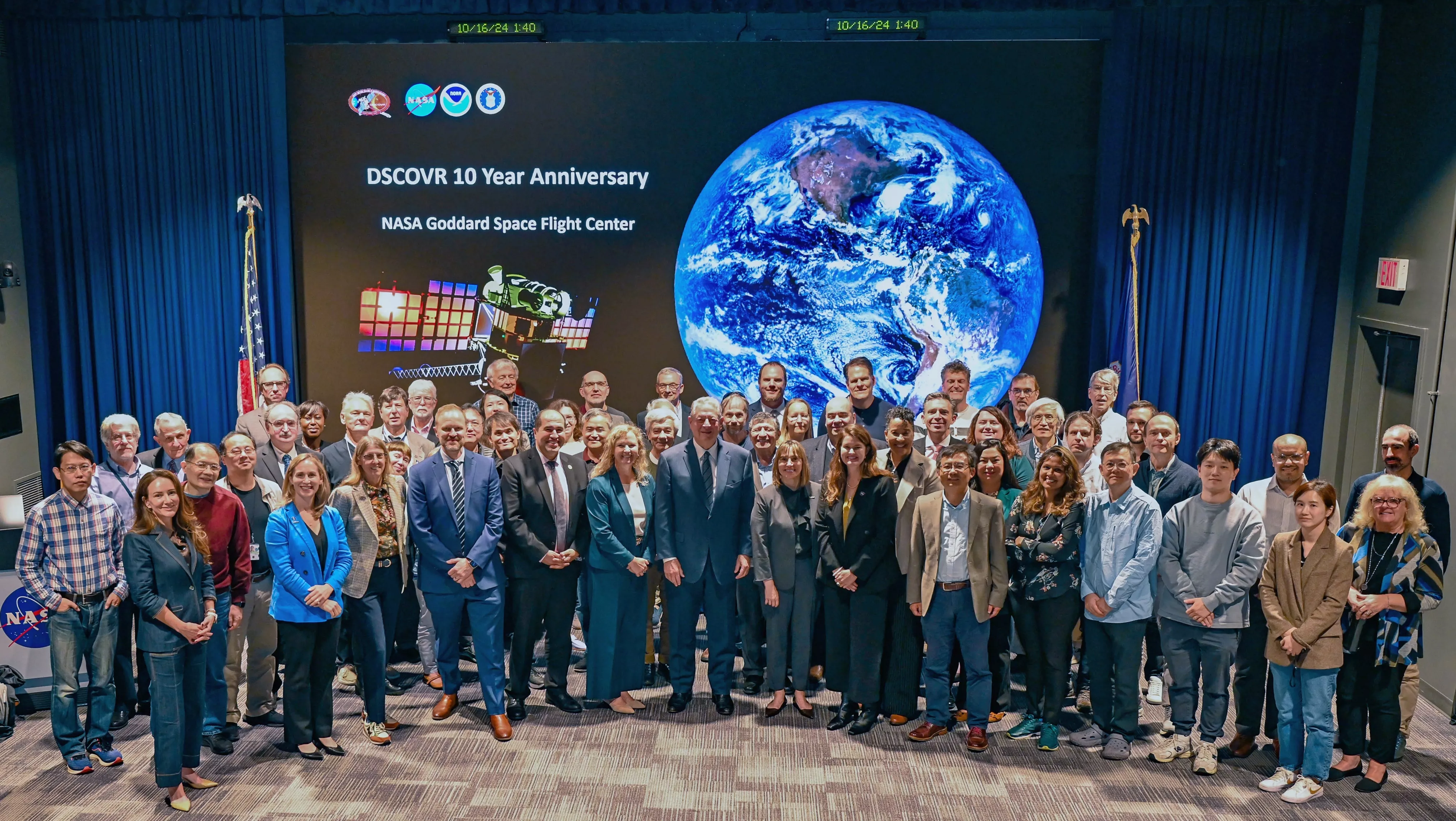 Former Vice President Al Gore taking a group photo with the DSCOVR anniversary Science team, including NOAA’s Dr. Elsayed Talaat.