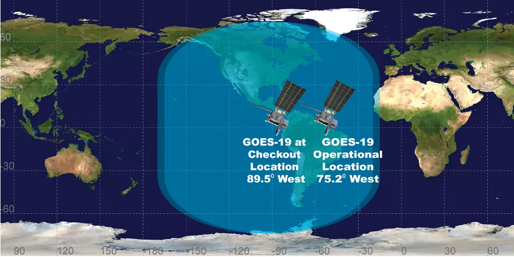 GOES-19's position and view over the Western Hemisphere at its current checkout location and its future operational location