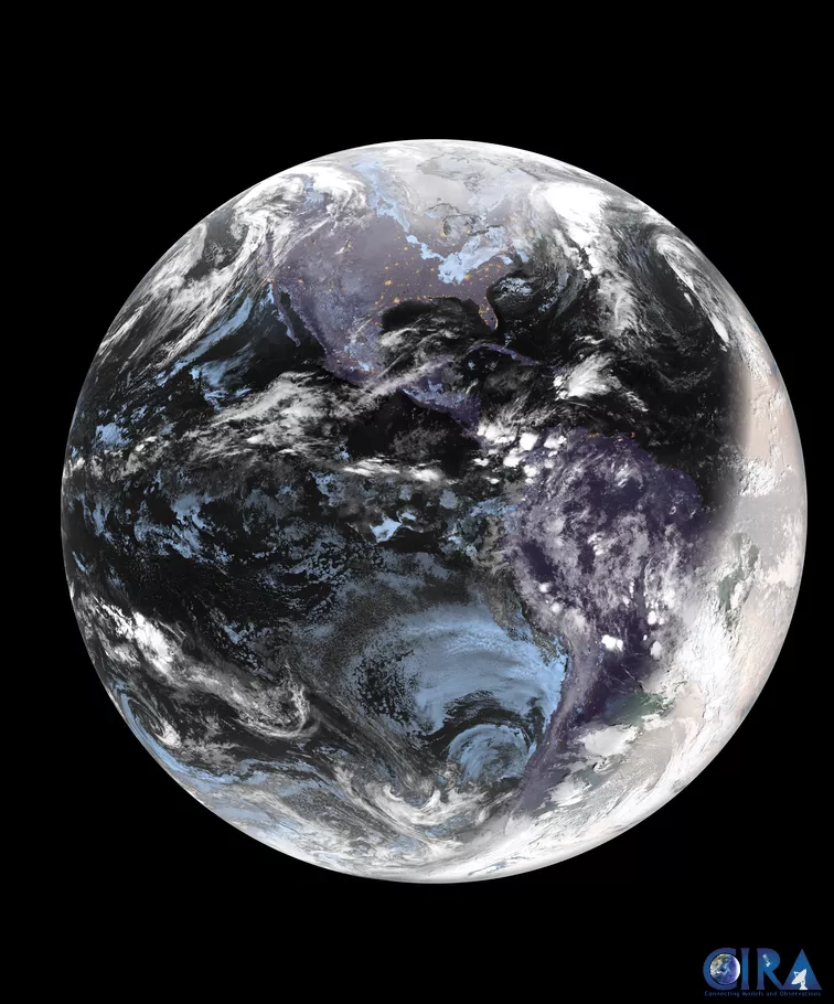 ull-disk image of Earth captured by NOAA's GOES-19 satellite, showing the Western Hemisphere. The image highlights cloud patterns, atmospheric conditions, and visible landmasses, with nighttime city lights visible across North America and parts of South America. This imagery was taken during the post-launch testing phase of GOES-19.