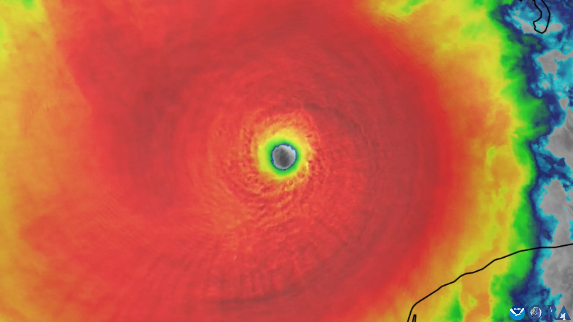 An infrared image of Hurricane Milton’s powerful eye from NOAA-21 on Oct. 7, 2024.