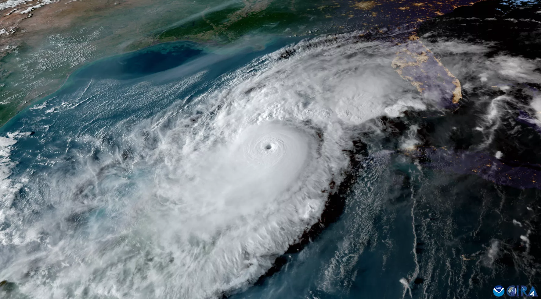A GeoColor image of Hurricane Milton in the Gulf of Mexico around sunset on Oct. 8, 2024, from GOES East.