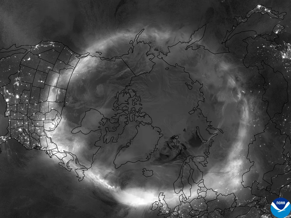 A Day-Night Band image from NOAA’s JPSS satellites of the aurora encircling the Northern Hemisphere on May 10-11, 2024.