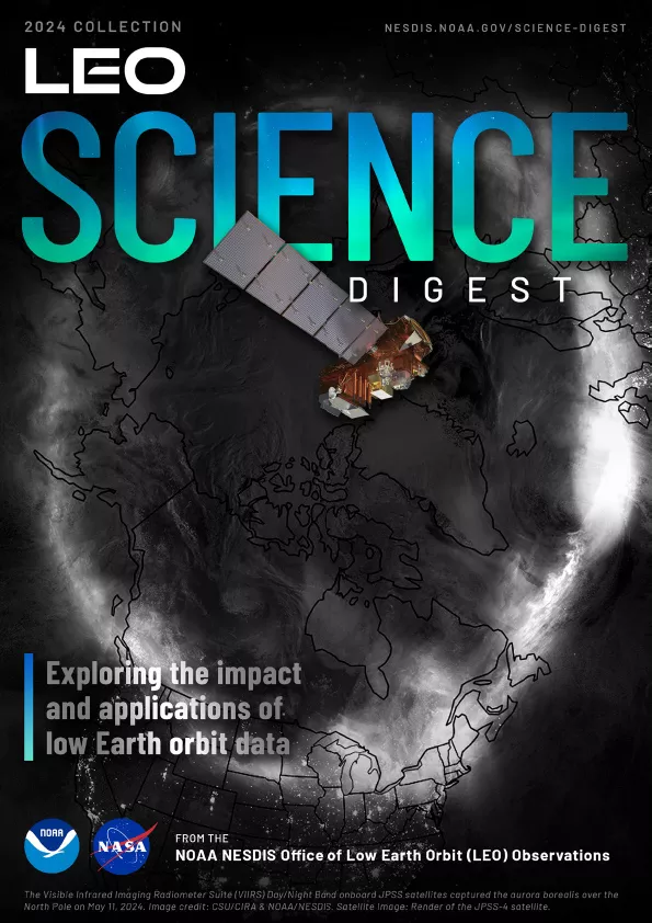 LEO Science Digest cover with spacecraft flying above a composite satellite image of the aurora over the Arctic circle.