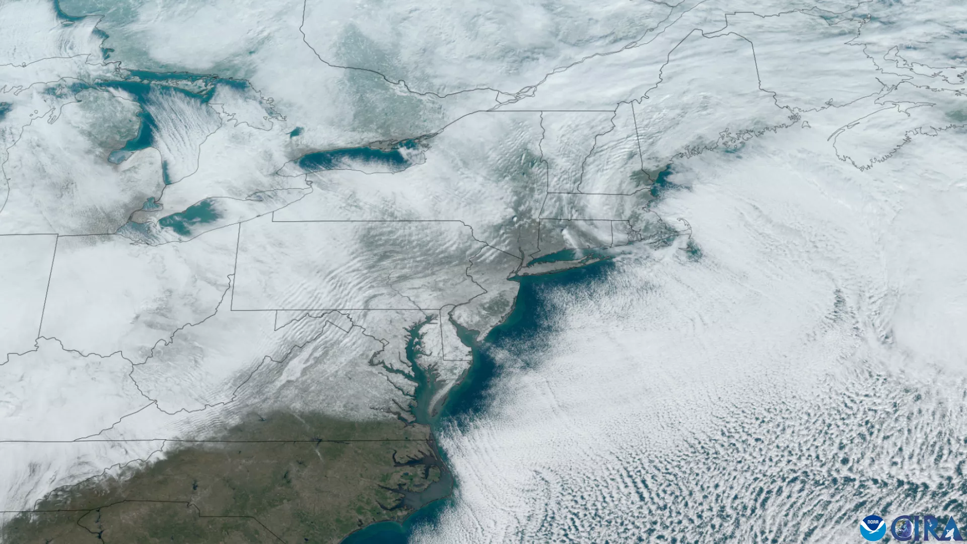 Snow storm seen from space over the atlantic coast.