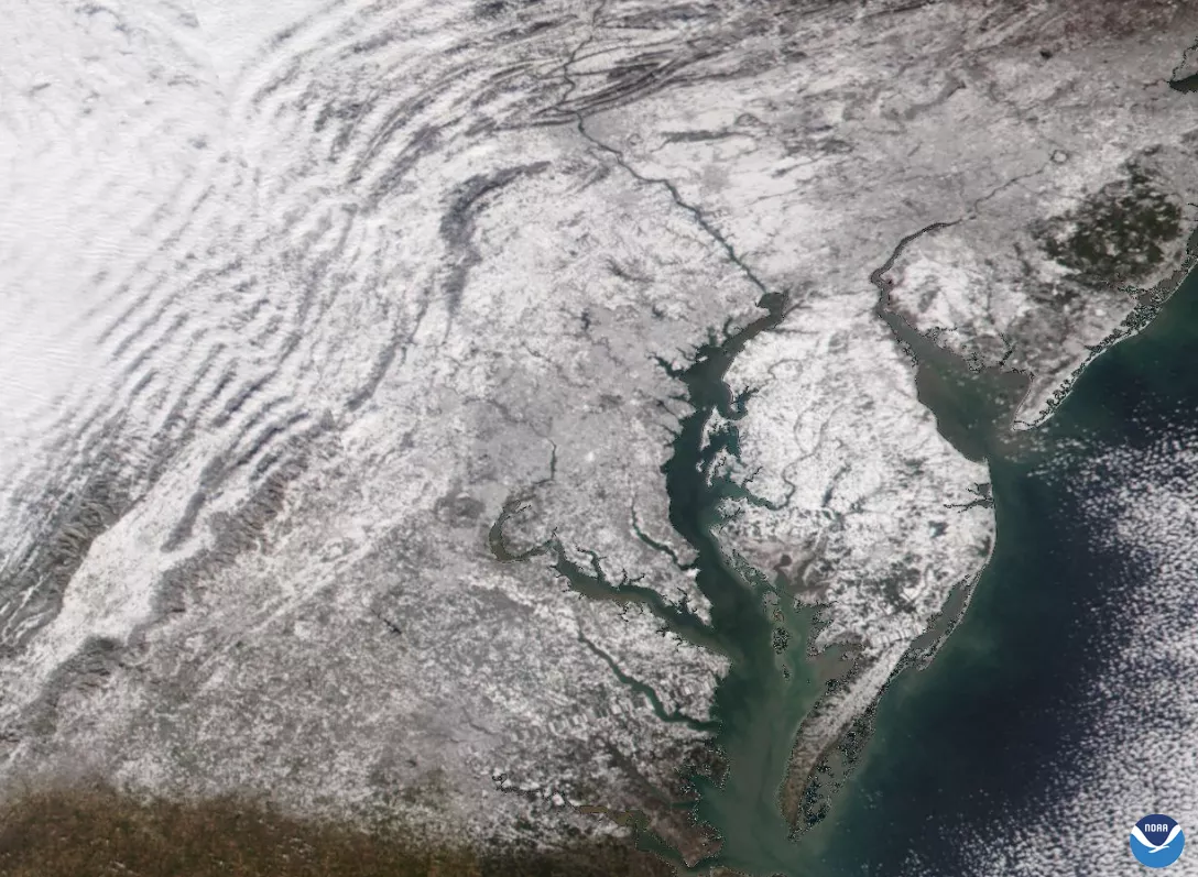 The image shows the mid-Atlantic states (Virginia, Washington, D.C., Maryland, Delaware, Pennsylvania, and New Jersey) under a cover of white snow. The ground is visible in brown and green and the Chesapeake Bay is blue and green in the center of the image. On the right side of the image, the Atlantic Ocean is visible in blue and green with white clouds above it. In the top left corner of the image, white clouds are also visible as waves of white.