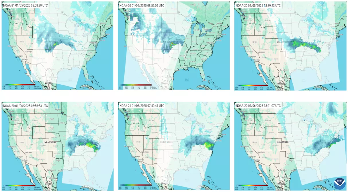 Six maps of the contiguous United States are shown in green and white. Swaths of satellite imagery appear over top of the map from the west coast to the east coast showing a winter storm in blue and green pixels as it crossed the country.  The blue and greens in the strom images represent snowfall rate. In the bottom left corner of each map, a color bar ranging from blue to deep red shows the colors that represent various rates of snowfall that could appear in the storm images. In the top left corner of eac